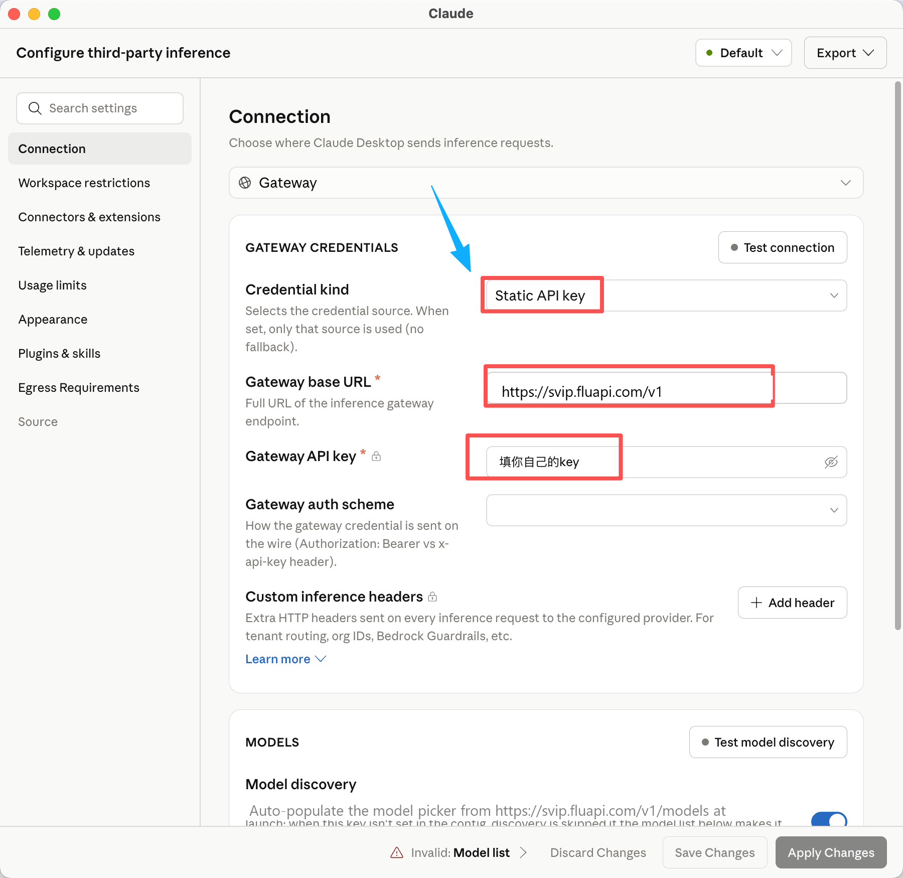 MacOS 选择 Static API key 并填写 Base URL 与 API Key 截图